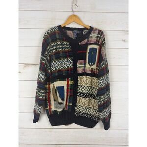 Vintage Nautica Sweater Mens Large Navy Handknit Patchwork Nautical Cotton Linen